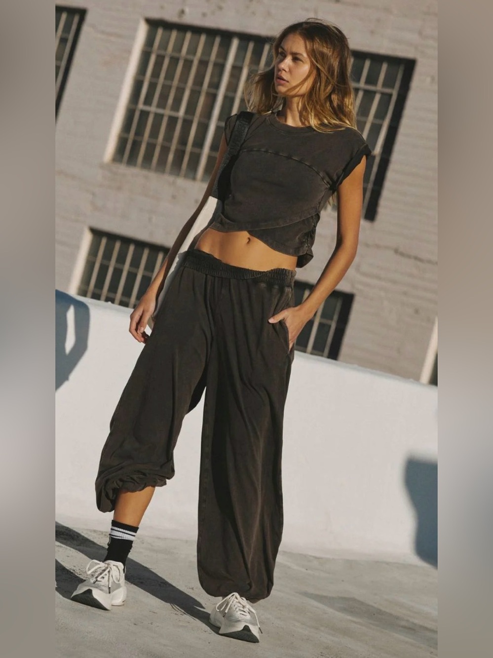 FP Movement Hot Shot Crossover Top in Washed Black - Ruched Side Crop Muscle Tee - Picture 4 of 12